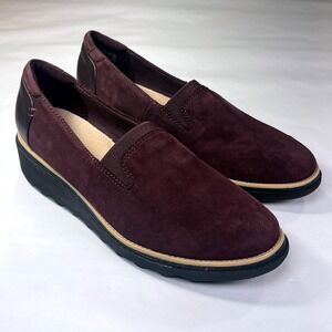 Clarks Sharon Dolly Loafer Womens 8 Aubergine Suede Slip On Comfort Wedge Shoe